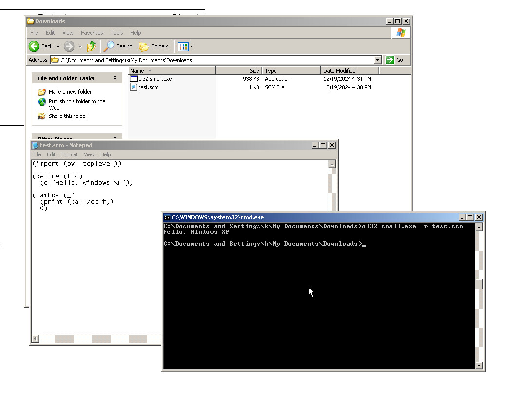 owl lisp (ol32-small.exe) succesfully running a hello world program on Windows XP